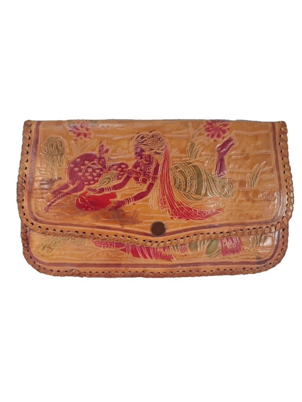 Vintage Handstitched Tooled Indian Leather Clutch Mythological Art Snap Closure